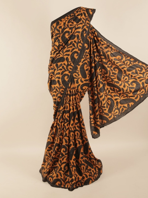 Pothys Orange & Black Floral Zari Pure Silk Saree