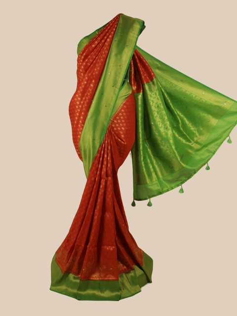 Pothys Red & Lime Green Ethnic Motifs Zari Pure Silk Saree