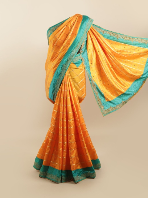 Pothys Yellow & Blue Checked Silk Blend Saree