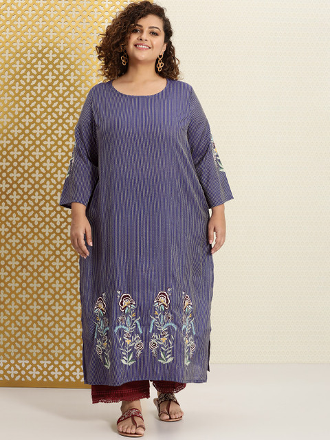 House of Pataudi Women Purple & White Stripes & Floral Embroidered Thread Work Kurta
House of Pataudi Women Purple & White Stripes & Floral Embroidered Thread Work Kurta