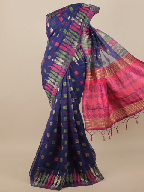 Pothys Blue & Pink Ethnic Motifs Jute Silk Saree