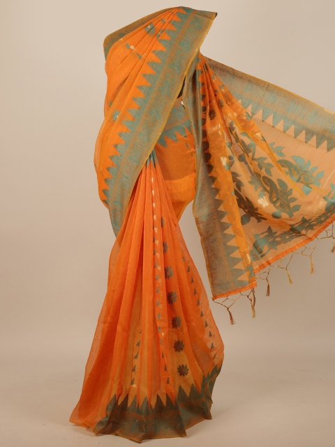 Pothys Orange & Blue Ethnic Motifs Jute Silk Saree