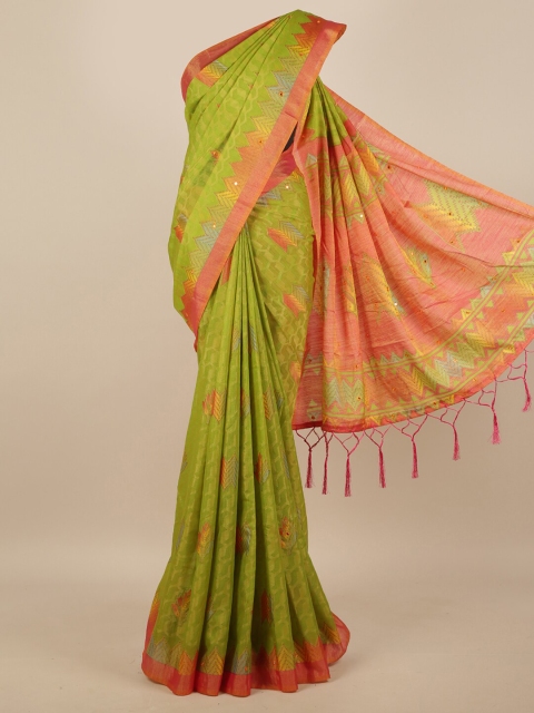 Pothys Green & Red Geometric Printed Mirror Work Saree