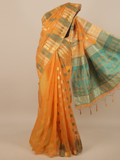 Pothys Orange & Green Ethnic Motifs Jute Silk Saree