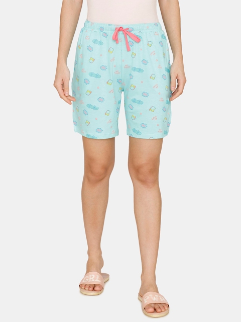 Zivame Women Sea Green & Pink Printed Lounge Shorts