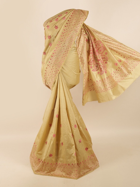 Pothys Cream-Coloured & Red Floral Embroidered Saree