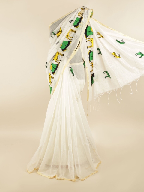 Pothys White & Green Ethnic Motifs Saree