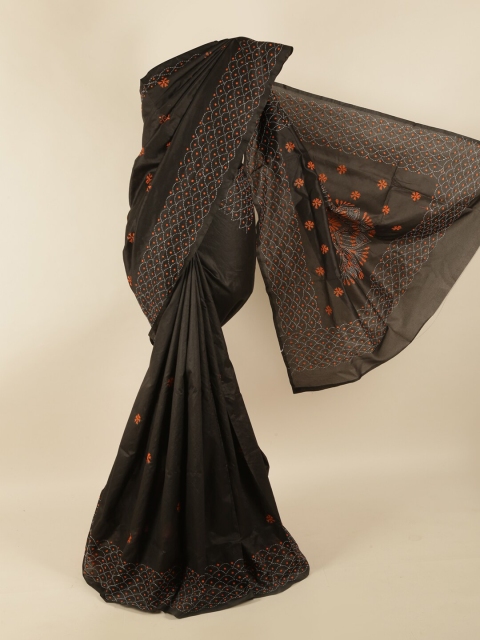 Pothys Black & Orange Embroiered Saree