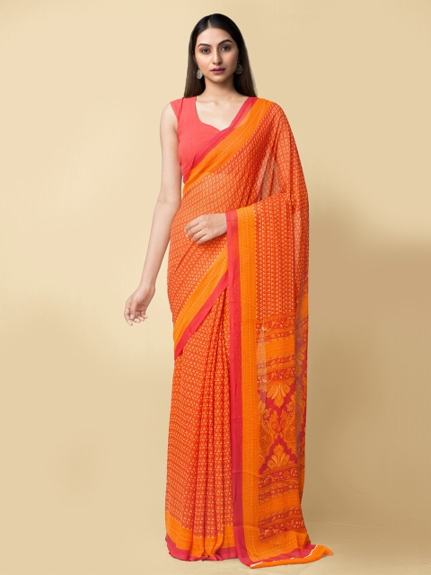 Unnati Silks Orange & Red Printed Handloom Bhagalpuri Saree