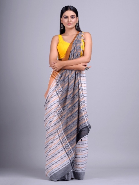 Mitera White & Grey Ethnic Motifs Pure Cotton Handloom Saree