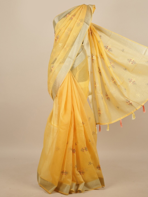 Pothys Yellow Ethnic Motifs Embroidered Saree