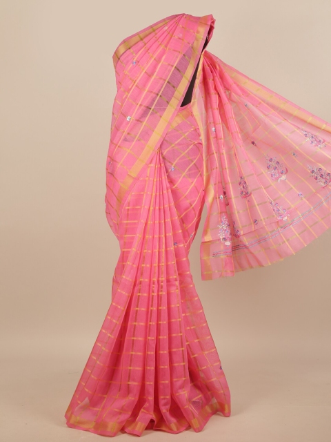 Pothys Pink & Gold-Toned Checked Embroidered Saree