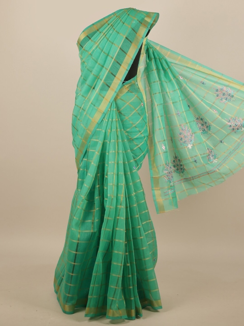 Pothys Green & Gold-Toned Checked Embroidered Saree