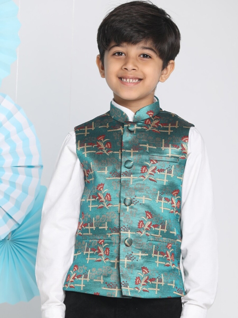 VASTRAMAY Boys Green & Red Printed Nehru Jacket