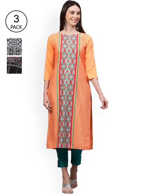 GoSriKi Women Pack Of 3 Kurtas, Orange