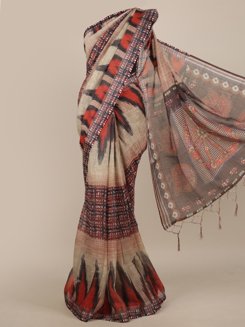 Pothys Beige & Black Linen Blend Saree