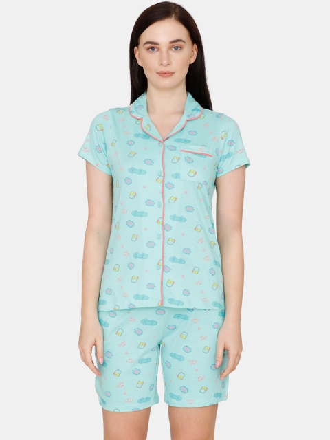 Zivame Women Green & Pink Graphic Printed Pure Cotton Night Suit