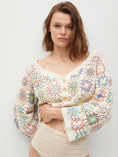 MANGO Women Off White & Blue Self Design Crop Cardigan