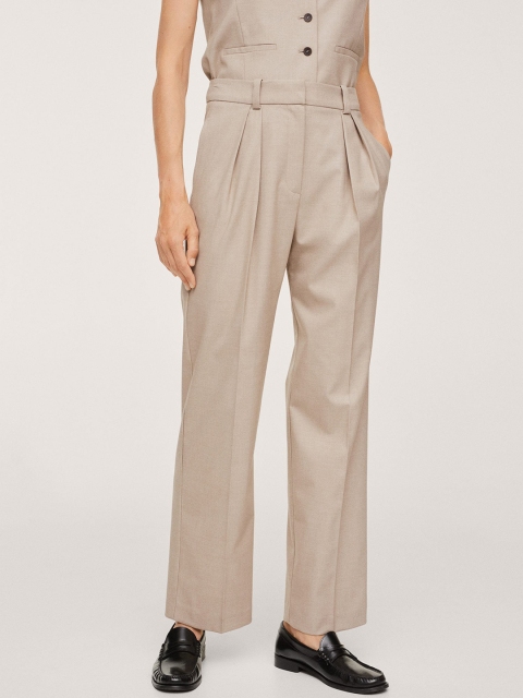 MANGO Women Beige Solid Pleated Regular Trousers