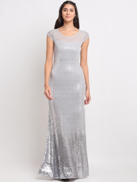 Just Wow Grey & Silver-Toned Embellished Maxi Dress