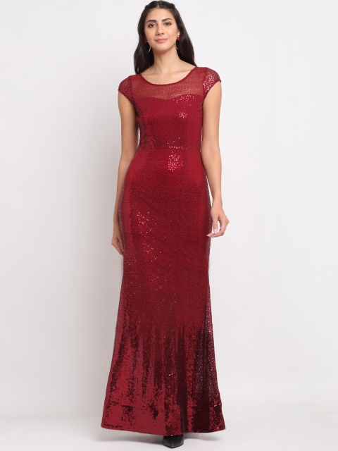 Just Wow Maroon Embellished Round Neck Maxi Dress