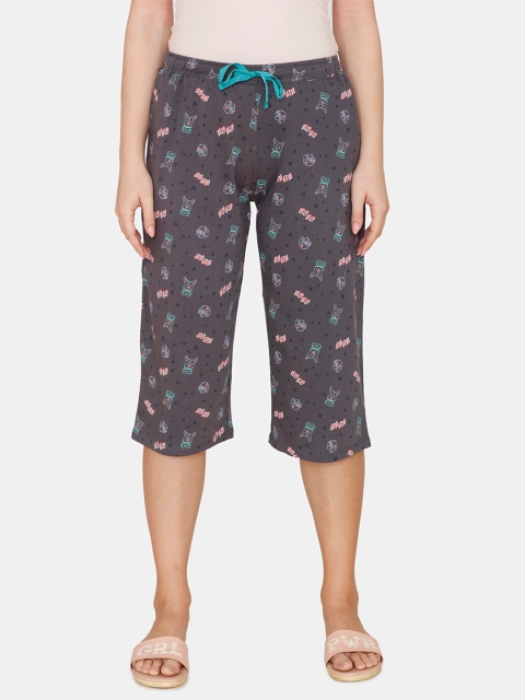 Zivame Women Grey & Turquoise Blue Printed Capris