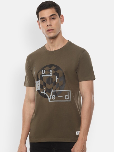 VAN HEUSEN DENIM LABS Men Olive Green White Printed Pure Cotton T-shirt