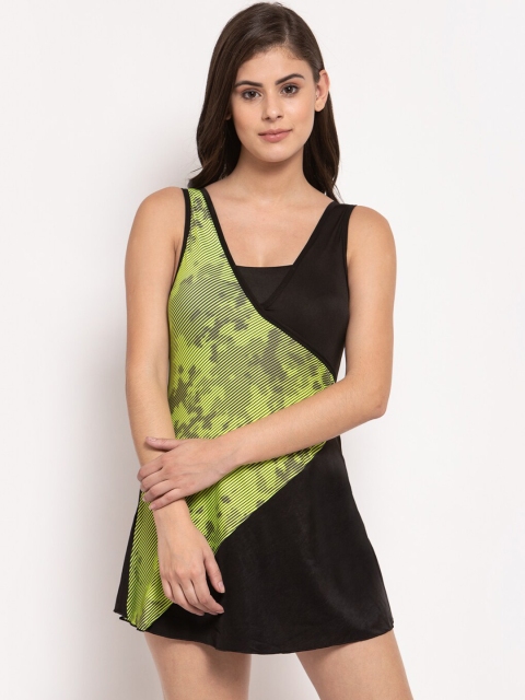 CUKOO Women Black & Green Printed Swimdress with Attached Shorts