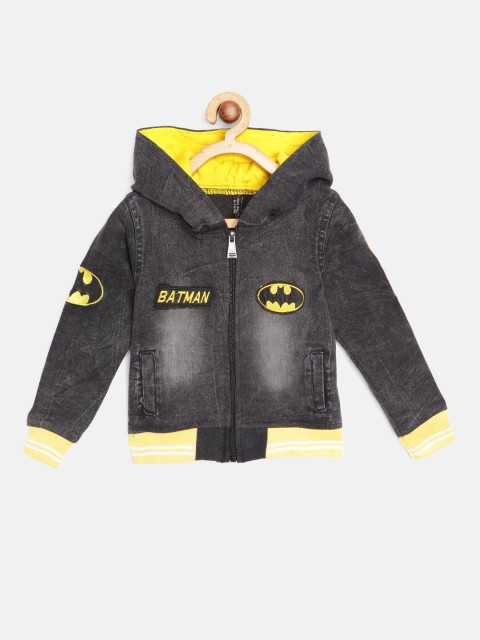 GAME BEGINS Boys Charcoal Grey & Yellow Cotton Washed Bomber Jacket with Batman Applique