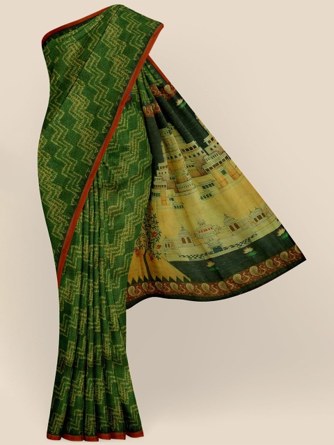 KLM Fashion Mall Green & Beige Floral Banarasi Saree