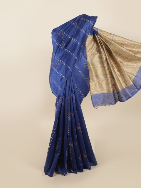 Pothys Blue & Gold-Toned Striped Jute Silk Saree