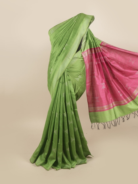 Pothys Green & Pink Sequinned Jute Silk Saree