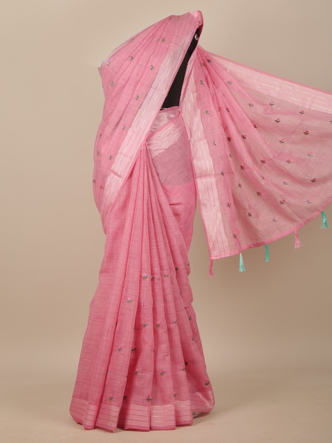 Pothys Pink & Grey Floral Zari Chanderi Saree