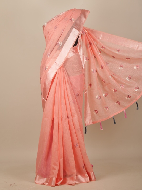 Pothys Pink & Pink Floral Embroidered Chanderi Saree