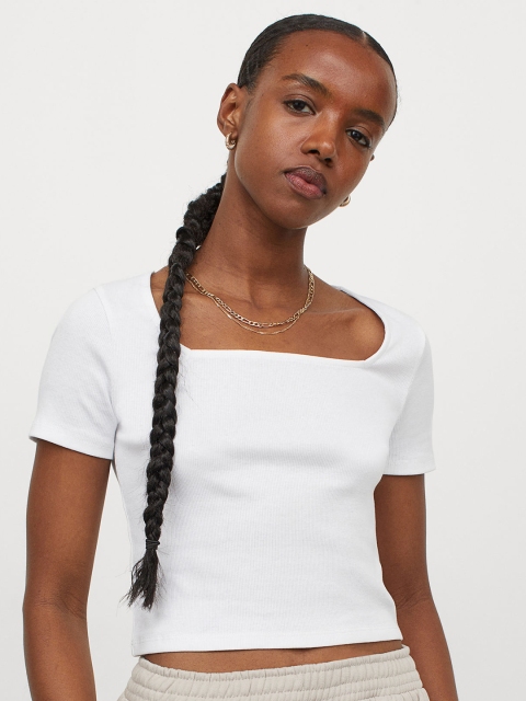 H&M Women White Ribbed Cropped Top