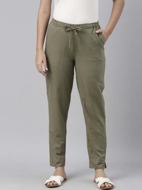 Go Colors Women Olive Green Striped Linen Cigerette Trousers