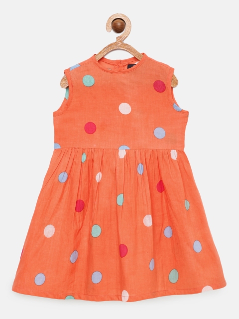 HERE&NOW Coral Orange Printed Pure Cotton Fit & Flare Dress