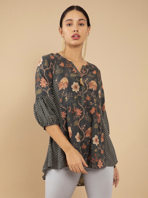 Soch Grey & Beige Floral Printed Crepe Tunic