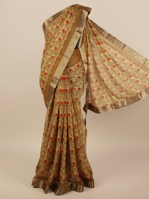 Pothys Green & Beige Floral Printed Saree