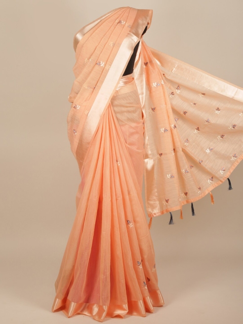 Pothys Peach-Coloured Floral Embroidered Saree