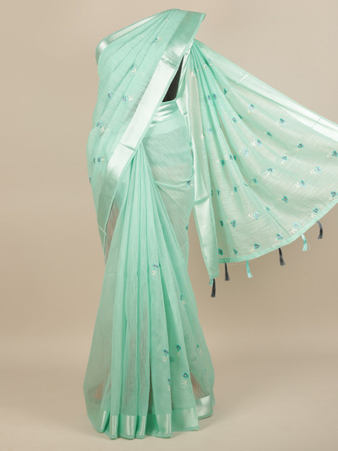 Pothys Women Green & Silver-Toned Cotton Blend Embroidered Saree 
Pothys Women Green & Silver-Toned Cotton Blend Embroidered Saree
