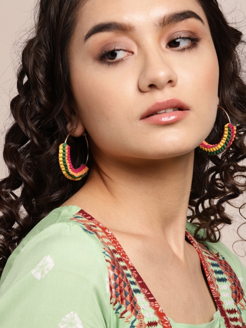 Sangria Gold-Toned & Green Circular Hoop Earrings
