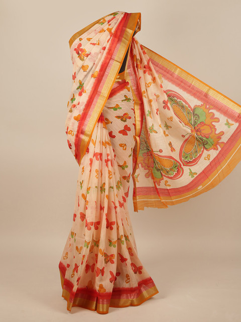 Pothys Peach-Coloured & Red Floral Printed Zari Jute Silk Saree 
Pothys Peach-Coloured & Red Floral Printed Zari Jute Silk Saree