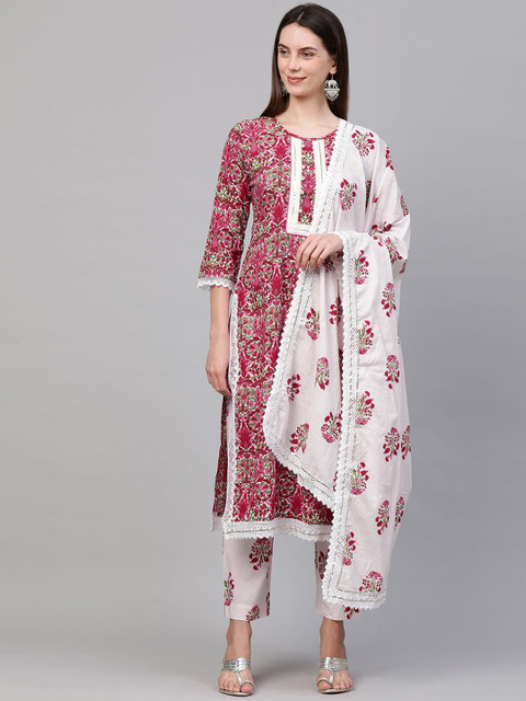 FASHOR Women Pink Floral Embroidered Regular Pure Cotton Kurta with Trousers & With Dupatta
FASHOR Women Pink Floral Embroidered Regular Pure Cotton Kurta with Trousers & With Dupatta