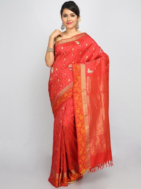 SABOO COLLECTIONS Rust & Gold-Toned Ethnic Motifs Aari Work Pure Silk Kanjeevaram Saree
SABOO COLLECTIONS Rust & Gold-Toned Ethnic Motifs Aari Work Pure Silk Kanjeevaram Saree