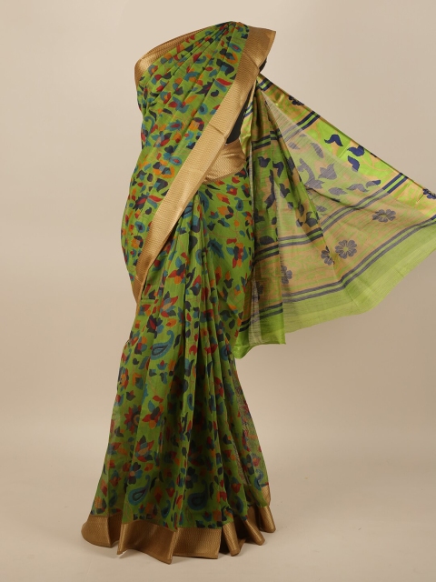 Pothys Green & Gold-Toned Floral Printed Zari Jute Silk Saree