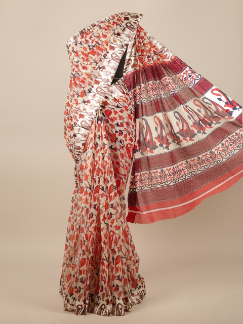 Pothys Cream-Coloured & Red Floral Jute Silk Saree