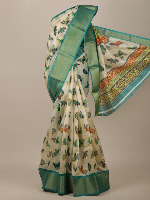 Pothys Cream-Coloured & Green Floral Saree