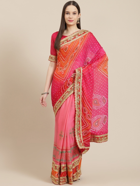 Saree mall Pink & Red Bandhani Embroidered Sarees