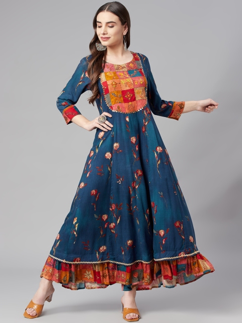 Nehamta Blue & Red Floral Printed Maxi Ethnic Dress